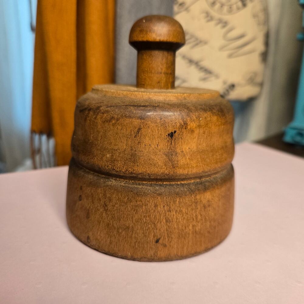 Antique Wooden Butter Mold Press Carved Flower Plunger Style Primitive Treenware